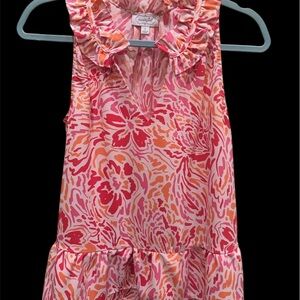 Mud Pie Floral Ruffle Neck Sleeveless Top-Pink Tiered Blouse Size Small.